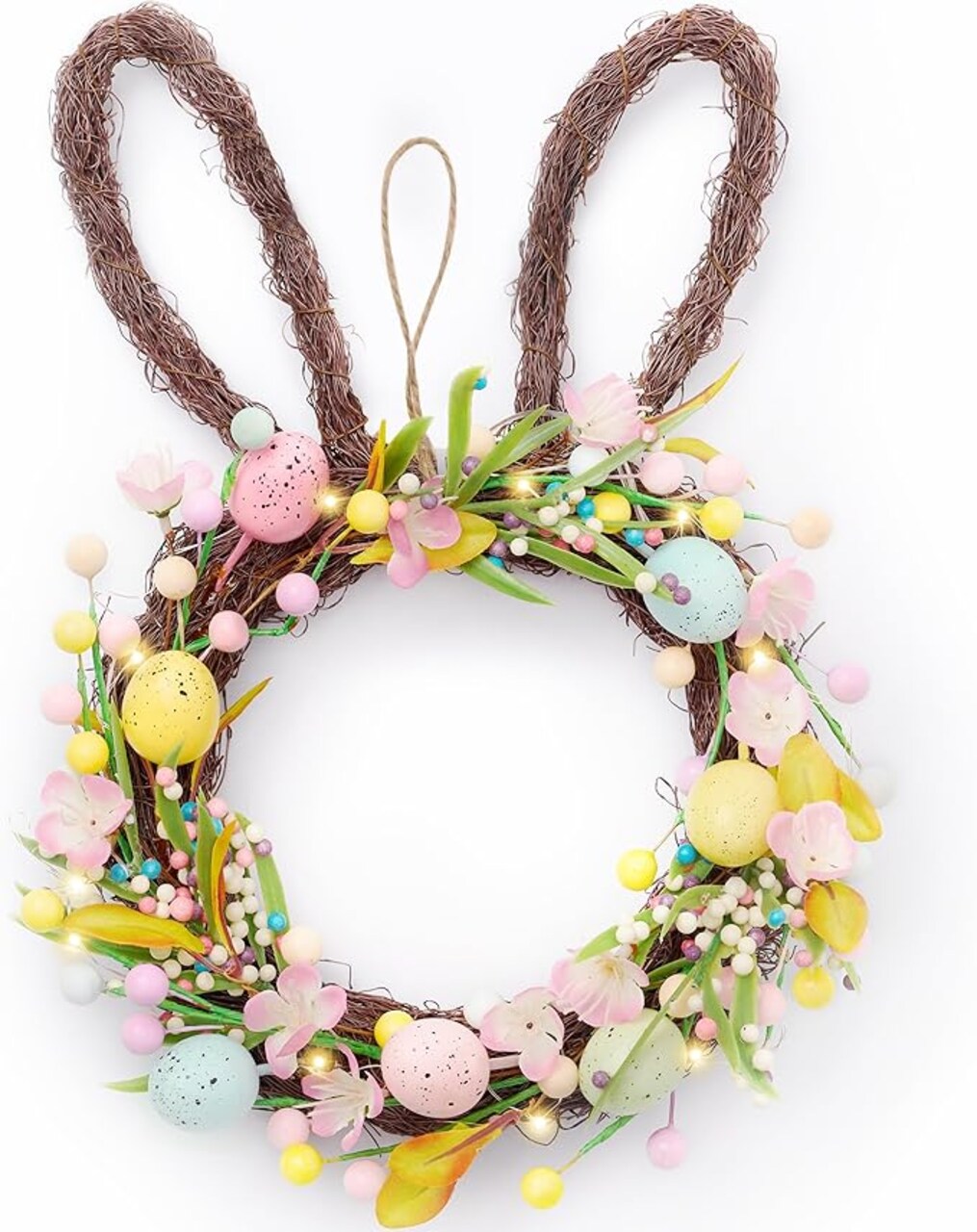16'' Easter Bunny Wreath for Front Door with Light, Pre-lit Spring Rabbit Wreath Decoration with Pastel Speckled Eggs & Berries, Artificial Farmhouse Wall Decor for Holiday Home Indoor